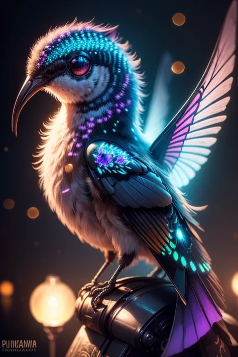 (best quality,highres,ultra-detailed),(realistic,photorealistic:1.37),mechanical hummingbird,plasma-sipping,fantastical,vivid colors,portraits,fluorescent flowers,light source,bokeh,surreal lighting,masterpiece:1.2