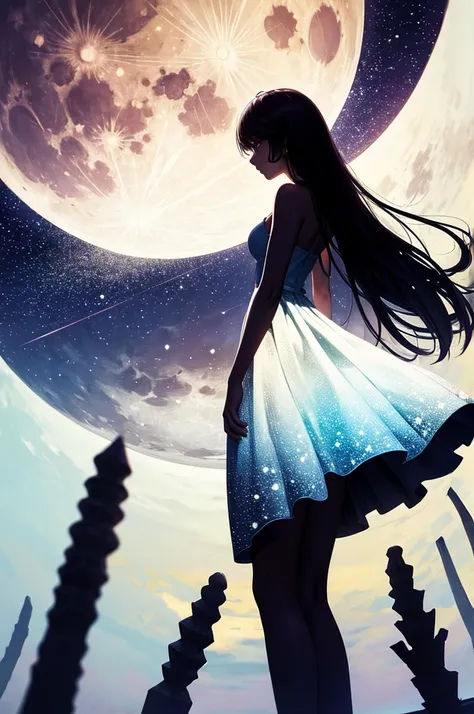 highest quality,big moon and shadow,A silhouette of a person can be seen against the background of the big moon.,There is one full moon,There is a mood,beautiful scenery,starry sky