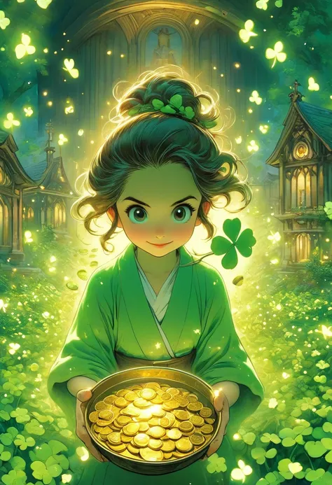 fluorescent horizon, cg graphics illustration, the girl is a leprechaun. she is dressed in green clothes and a hat decorated wit...