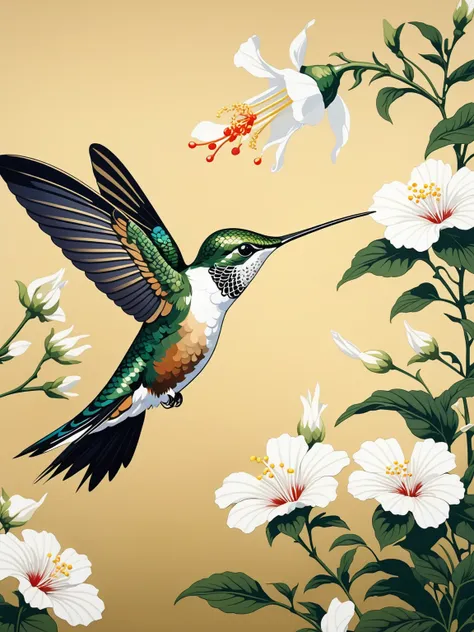 a single hummingbird sipping nectar from an white flower, ukiyo-e , detailed bird movement, fluid motion, lifelike