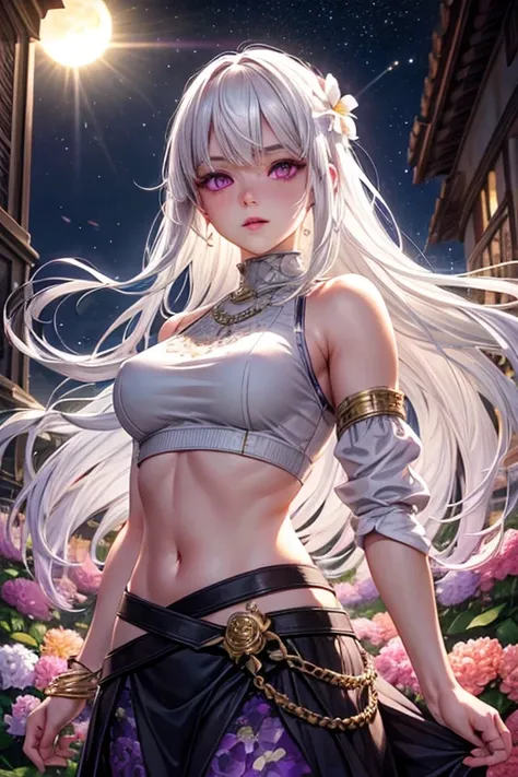 realistic, 1girl, white hair, purple eyes, glowing eyes, crop top, skirt, parted lips, blush, night, flowers, sun, sunlight,