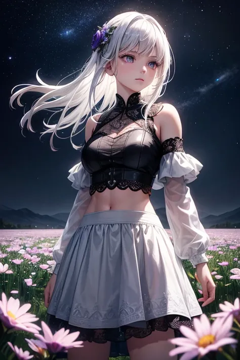 realistic, white-haired girl with purple glowing eyes, wearing a stylish crop top and skirt, standing in a field of blooming flowers under the night sky, the sunlight breaking through the darkness, creating a magical and surreal ambiance, the composition f...