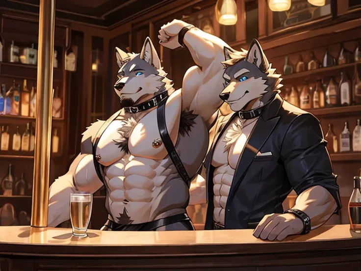 anthropology, wolf, hairy, black and white fur, fat, old-age, hairy, jockstrap , Sweating, Sparkling blue eyes, Big pink‚ with big‚ abs‚ handsome‚ sex, smile, collarbone, pink nipples, collar dog, nipple piercing, stand, flex arm muscles, harness, harness ...