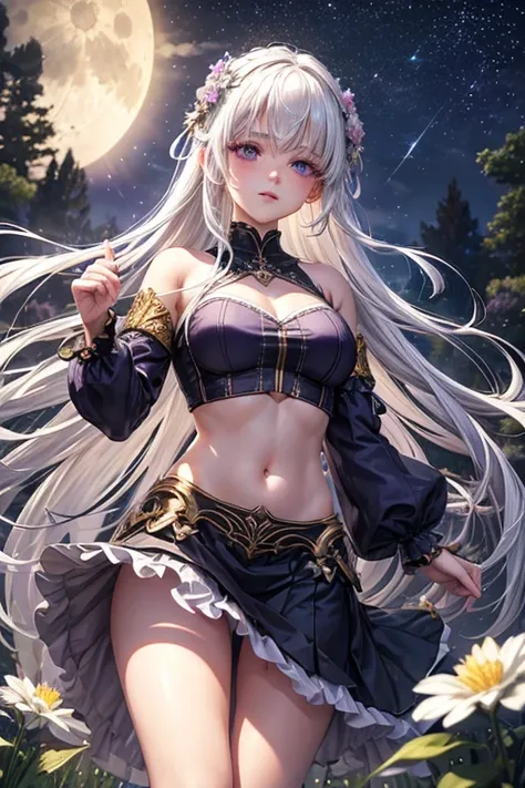 realistic, ethereal girl with white hair and glowing purple eyes, adorned in a crop top and skirt, her lips slightly parted with a hint of blush, surrounded by a garden of moonlit flowers under the twinkling stars, the golden sun peeking over the horizon, ...