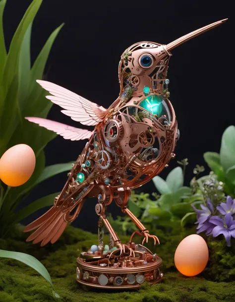 A cute mechanical hummingbird wearing an Easter style costume，Its body is made of exquisite copper and silver parts。Its eyes are like two glowing gems，transparent，Under the illumination of neon lights，Create a sparkling effect together with high-precision ...