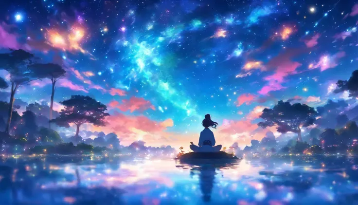 in the middle of the pond、山の頂上を背景にstarry skyを眺めながら、nightにカスでmeditationする女の子、universe、starry sky、night、meditation、meditationポーズ