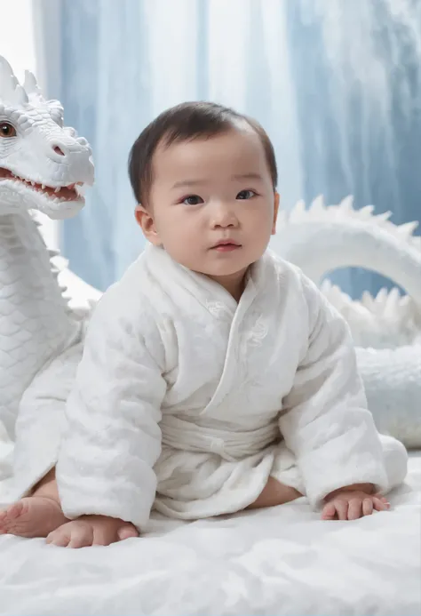 A1 1-month-old Chinese baby boy,Lovely, face round,Slept on a white dragon bed, a photorealistic painting by Ju Lian, shutterstock contest winner, Fantasy art, a dragon made of clouds, Chinese fantasy, lie on white clouds fairyland，Camera shot, Film style,...