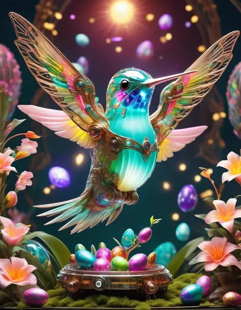 Create a vivid description of a cute mechanical hummingbird adorned in Easter-themed attire. Its body is crafted from intricate copper and silver components, with eyes that resemble glowing gemstones, shimmering under the neon lights to create a dazzling e...