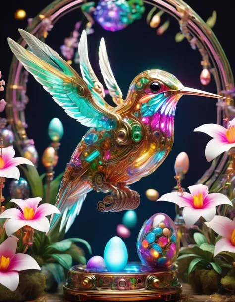 Create a vivid description of a cute mechanical hummingbird adorned in Easter-themed attire. Its body is crafted from intricate copper and silver components, with eyes that resemble glowing gemstones, shimmering under the neon lights to create a dazzling e...