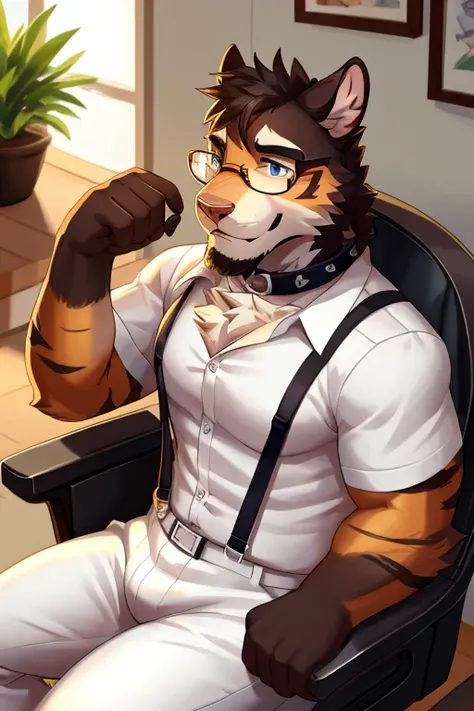 tiger, fat, shirt, 1boy, white shirt, upper body, male focus, collared shirt, pants, look to down me, suspenders, pectoral muscles, sleeves rolled up, watch, watch, wolf ears, beard, blush, sweat black and white stripes, collar dog, sweating, happy face, h...