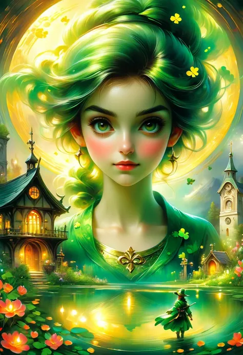 fluorescent horizon, cg graphics illustration, luminism,
The girl is a leprechaun. She is dressed in green clothes and a hat decorated with clovers, and holds a bowl of gold coins in her hands. The background features a large gold coin with various symbols...