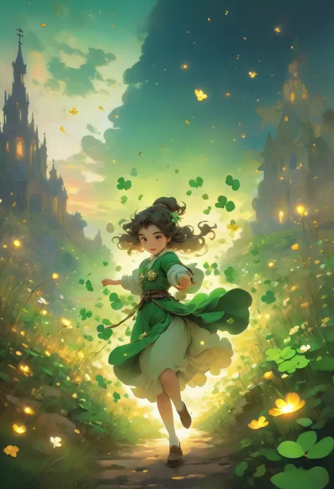 fluorescent horizon, cg graphics illustration, luminism,
The girl is a leprechaun. She is dressed in green clothes and a hat decorated with clovers, and holds a bowl of gold coins in her hands. The background features a large gold coin with various symbols...