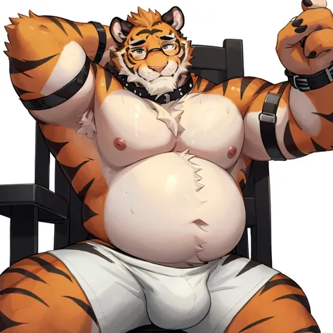 tiger, fat, shirtless, 1 boy, solo, white shirt, upper body, male focus, jock, sleeves rolled up, watch, watch, tiger ears, beard, blush, sweat black and white stripes, collar dog, sweating, happy face, handsome, view looking up from directly below, sit on...