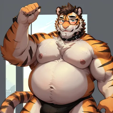 tiger, fat, shirtless, 1 boy, solo, white shirt, upper body, male focus, jock, sleeves rolled up, watch, watch, tiger ears, beard, blush, sweat black and white stripes, collar dog, sweating, happy face, handsome, view looking up from directly below, stand,...