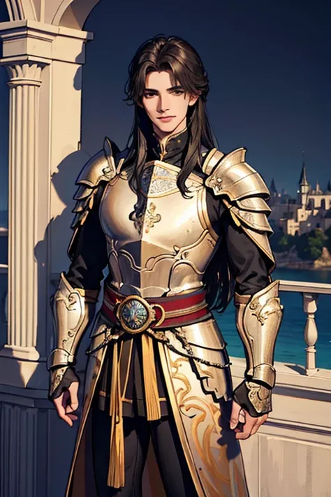 A strong male knight, a handsome man, a male knight, a man, androgynous face, richly decorated armor, no helmet, a broad sword hanging from his waistband, gold carvings, embedded in the armor. The most beautiful and melancholy face in the world, a gentlema...