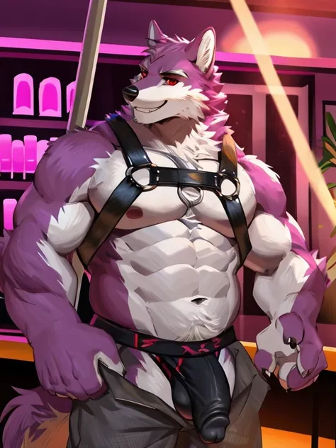 master part, best quality, in a bar, Detailed background, gray wolf,  White fur, big pink, fat belly, hairy, Smile, perfect red eyes, wearing harness, black jockstrap, open pants zipper, with big, thick penis out of jockstrap, pole dance, sexy dance