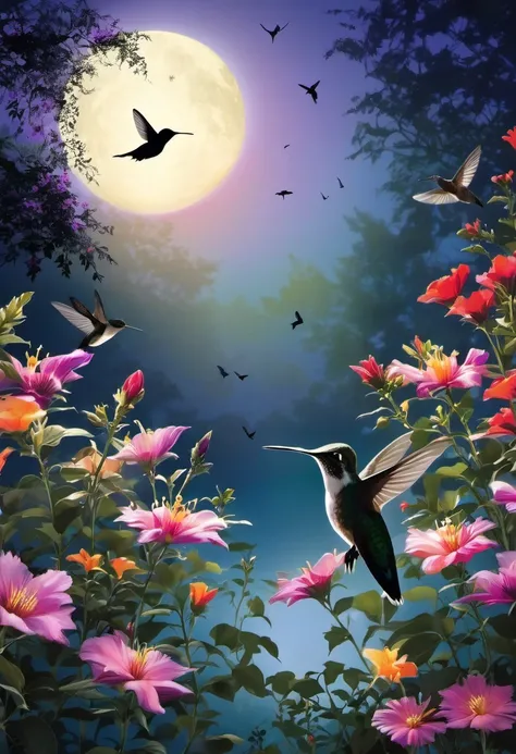 silhouette,hummingbird,flower garden,moonlight,shadow,peaceful,serene,wondrous,colorful,ethereal,quarter moon,blooming flowers,tranquil,beauty in nature,graceful motion,mystical,enchanted forest,luminous,calm,soft glow,delicate wings,poetic. 