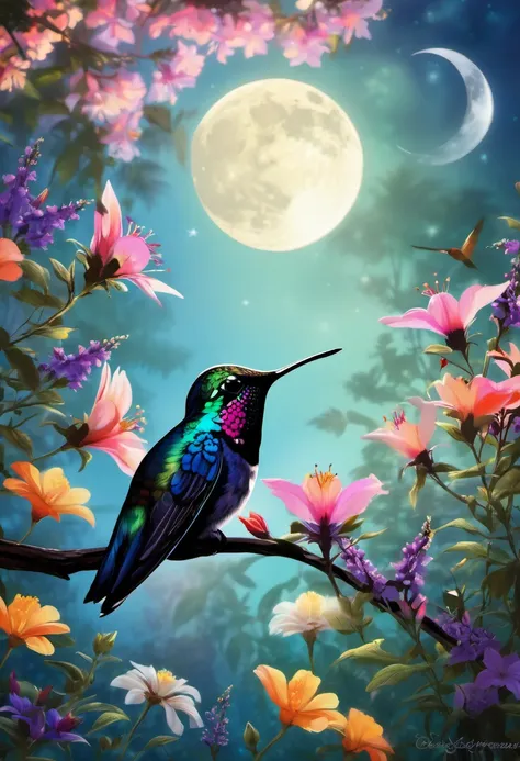 silhouette,hummingbird,flower garden,moonlight,shadow,peaceful,serene,wondrous,colorful,ethereal,quarter moon,blooming flowers,tranquil,beauty in nature,graceful motion,mystical,enchanted forest,luminous,calm,soft glow,delicate wings,poetic. 