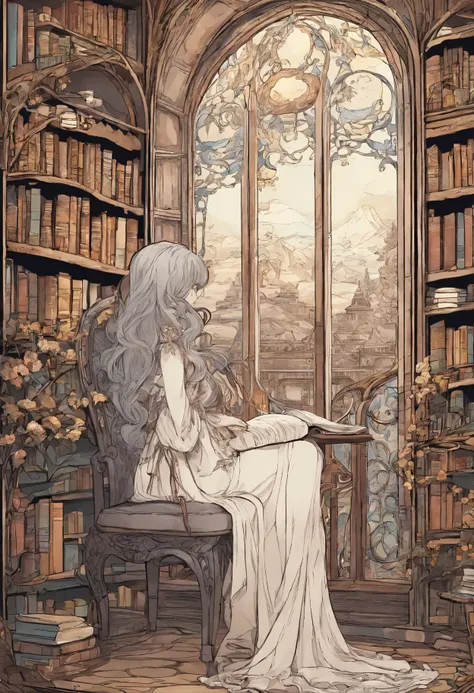 Ten Thousand Years Pen、coffee、girl、leather chair、machine、study、window、large amount of books、Book Tower、gothic style、lolita clothes、gray hair、bookshelf、evening、windowからの光