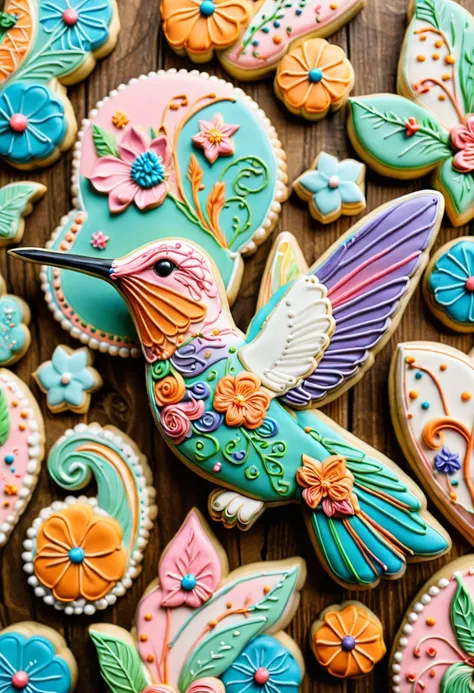 Hummingbird shaped cookie, in candyland, colorful, fantasy art, (best quality, masterpiece, Representative work, official art, Professional, Ultra intricate detailed, 8k:1.3)