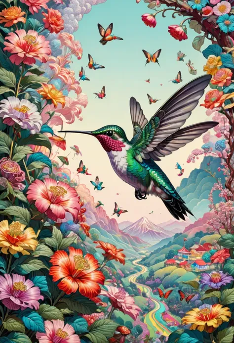 Ukiyoe, Hummingbird in candyland, colorful, fantasy art, (best quality, masterpiece, Representative work, official art, Professional, Ultra intricate detailed, 8k:1.3)