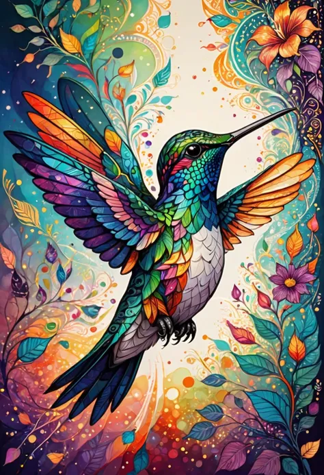 silhouette of hummingbird, colorful background, zentangle style, outstanding, sparkles, light explosions, magical, fantasy art, ...