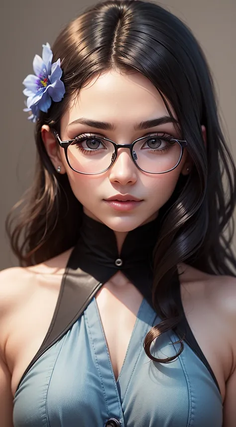 create banner with background with blue flowers, with realistic female human face with brown to black skin, brown eyes, thick and well-defined eyebrows, upturned nose, from the region of Brazil.
add glasses to face, glasses. modern and elegant frame model ...