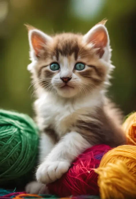 A fluffy, playful kitten with bright green eyes and a mischievous grin, sitting atop a pile of colorful yarn.