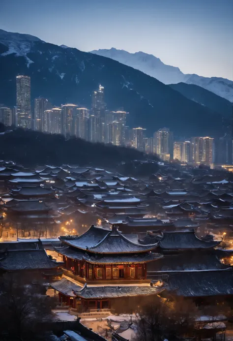 winter，white snow，Modern high-rise buildings blend with the mountains in the distance, while urban and natural landscapes complement each other (modern buildings, traditional Chinese eaves, hanging-angle buildings, etc. : 1.5) , warm and cool hues, the Gre...