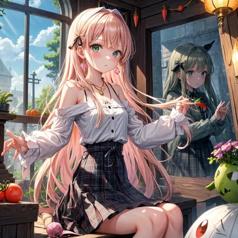 pink blonde、green eyes、one good looking girl、solo、anime、plaid mini skirt、the skirt has buttons、black camisole、black t-shirt、dress、wearing a ribbon、ribbon at waist、cloak、hood、clouds are swirling、stone slabs are piled up、raising one hand、crystal earrings、veg...