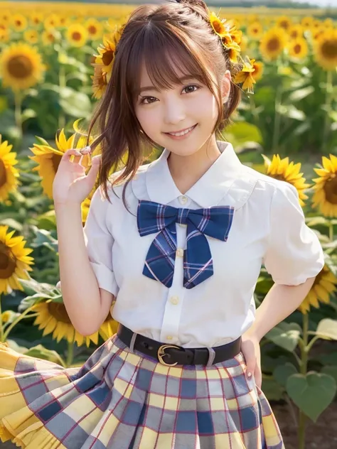 (​masterpiece、highest  quality:1.2), cowboy  shot, solo, 1girl in, honma himawari, a smile, see the beholder, Ahoge, Sunflower hair ornament, a sailor suit、 plaid skirts, sunflowers fields、Live Action、realisitic、a smile