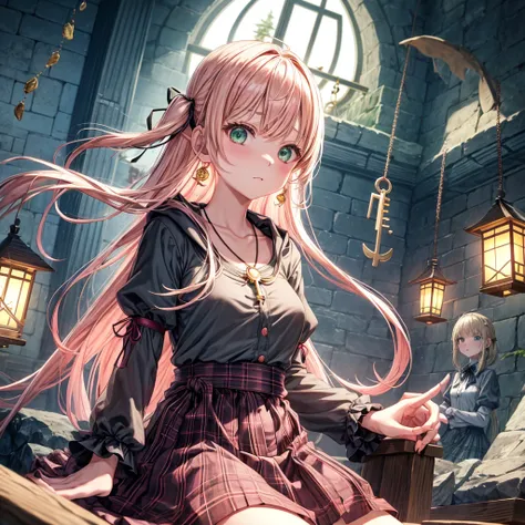 pink blonde、green eyes、one good looking girl、solo、anime、plaid mini skirt、the skirt has buttons、black camisole、black t-shirt、dress、wearing a ribbon、ribbon at waist、cloak、hood、clouds are swirling、stone slabs are piled up、raising one hand、crystal earrings、veg...