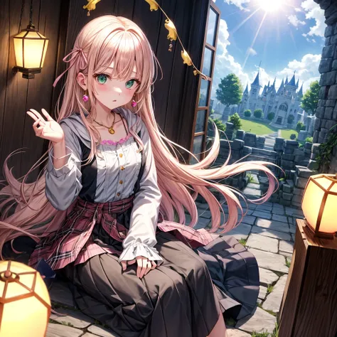 pink blonde、green eyes、one good looking girl、solo、anime、plaid mini skirt、the skirt has buttons、black camisole、black t-shirt、dress、wearing a ribbon、ribbon at waist、cloak、hood、clouds are swirling、stone slabs are piled up、raising one hand、crystal earrings、veg...