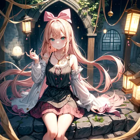 pink blonde、green eyes、one good looking girl、solo、anime、plaid mini skirt、the skirt has buttons、black camisole、black t-shirt、dress、wearing a ribbon、ribbon at waist、cloak、hood、clouds are swirling、stone slabs are piled up、raising one hand、crystal earrings、veg...