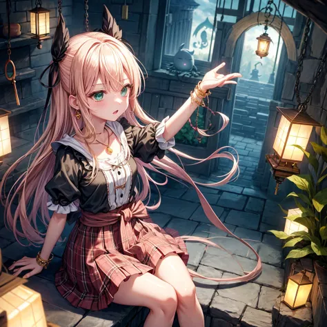 pink blonde、green eyes、one good looking girl、solo、anime、plaid mini skirt、the skirt has buttons、black camisole、black t-shirt、dress、wearing a ribbon、ribbon at waist、cloak、hood、clouds are swirling、stone slabs are piled up、raising one hand、crystal earrings、veg...