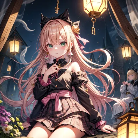 pink blonde、green eyes、one good looking girl、solo、anime、plaid mini skirt、the skirt has buttons、black camisole、black t-shirt、dress、wearing a ribbon、ribbon at waist、cloak、hood、clouds are swirling、stone slabs are piled up、raising one hand、crystal earrings、veg...