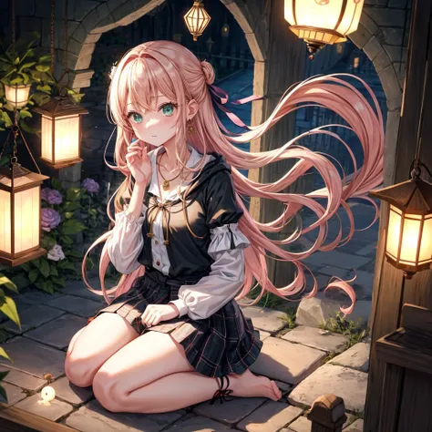 pink blonde、green eyes、one good looking girl、solo、anime、plaid mini skirt、the skirt has buttons、black camisole、black t-shirt、dress、wearing a ribbon、ribbon at waist、cloak、hood、clouds are swirling、stone slabs are piled up、raising one hand、crystal earrings、veg...