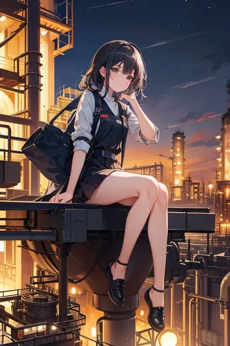 A girl sits atop the tower of petrochemical plant, at night,
