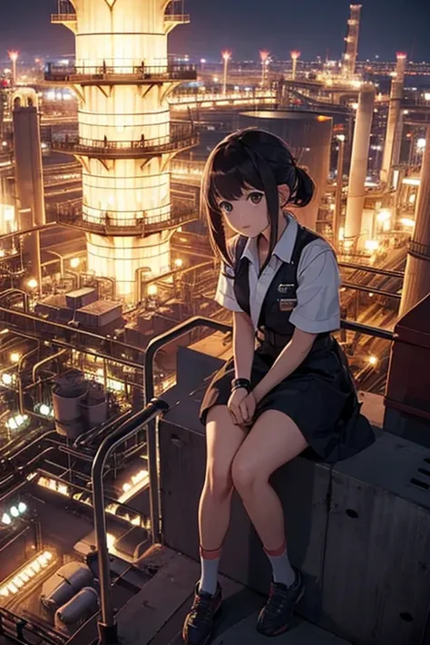 A girl sits atop the tower of petrochemical plant, at night,
