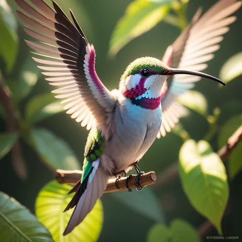 Create a photorealistic image of a hummingbird in mid-flight. The hummingbird should be in sharp focus, with its wings and tail feathers spread out. The background should be a blur, with colors and textures that suggest a lush, tropical environment. The li...