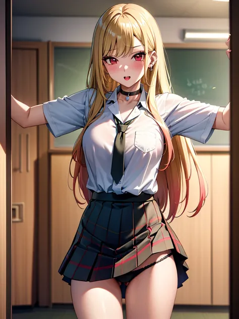 kitagawa marin, Solo, girl, blonde hair, long hair, multicolored hair, red eyes, jewelry, earrings, piercing, black choker, skirt lift:1.2, panty shot, blush:1.2, embarrassing, lust, stand, Bewitching, lure, Shift your gaze, teacher, classroom, female teac...