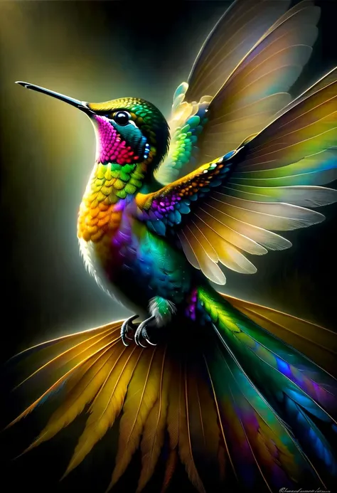 A Rembrandt-style depiction of a hummingbird would likely involve a dark, moody background with dramatic lighting emphasizing the birds iridescent feathers. Rembrandt was known for his masterful use of chiaroscuro, creating depth through contrasting areas ...