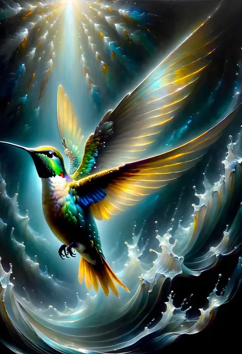 Envision a canvas where time seems to stand still, much like Rembrandts masterful command of chiaroscuro; let the hummingbirds delicate form emerge from the depths of a velvety blackness, its iridescent feathers catching rays of warm, golden light that car...