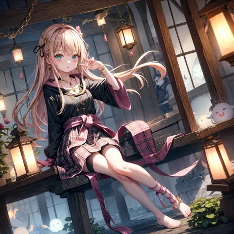 pink blonde、green eyes、one good looking girl、solo、anime、plaid mini skirt、the skirt has buttons、black camisole、black t-shirt、dress、wearing a ribbon、ribbon at waist、cloak、hood、clouds are swirling、stone slabs are piled up、raising one hand、crystal earrings、veg...