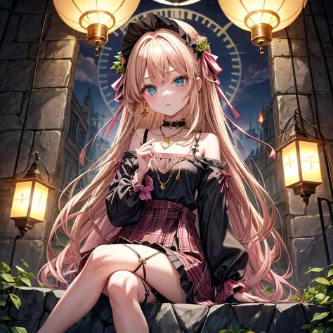 pink blonde、green eyes、one good looking girl、solo、anime、plaid mini skirt、the skirt has buttons、black camisole、black t-shirt、dress、wearing a ribbon、ribbon at waist、cloak、hood、clouds are swirling、stone slabs are piled up、raising one hand、crystal earrings、veg...