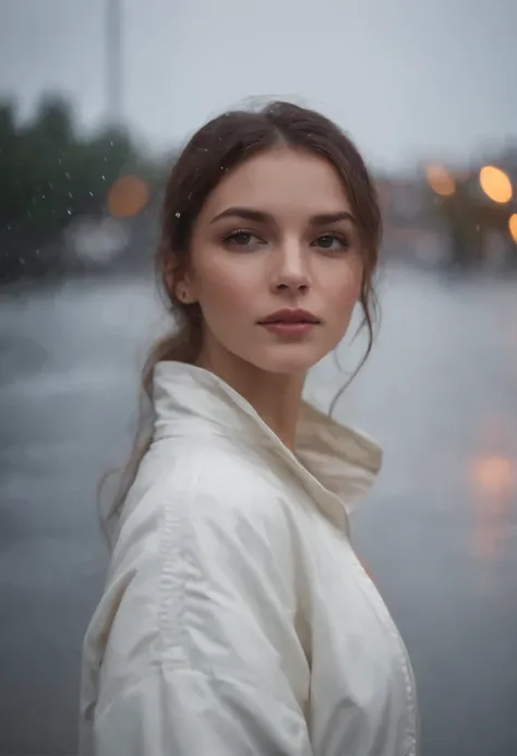 arafed woman in a white jacket standing in the chuva, pretty girl standing in the chuva, late night chuvaing, chuvaing portrait, chuva!!!!, chuvay night, in the chuva, it is night and chuvaing, chuvay evening, Retrato de Sophie Mudd, 8k art german bokeh, c...