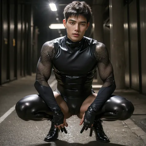 ((Best Quality, 8K, ultra-detailed, Masterpiece: 1.3)), 1boy, shiny skin, sharp, Perfect Body Beauty, realistic shaded perfect body, handsome man ,("super tight bodysuit, techwear,big bulge ":1.2),("tight leggins , armor":1.1),("glove, armor":1.1 ),(techwe...