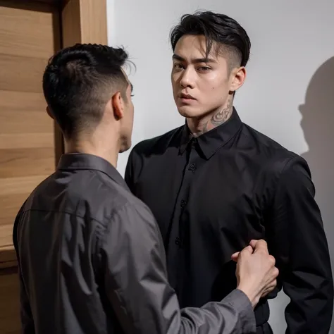 A handsome boy, 20 years old, big eyes, square face, short black hair, muscular, tattoos on his neck, wearing a black suit and shirt, and a middle-aged rich businessman, round face, a little bald, two handshake cooperation, best quality, master work, maste...