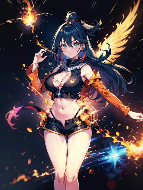 1 girl, alone, Full body, sexy body, WINGS ON HER BACK, FIRE WINGS, belly showing, Big Breasts, long hair, Full HD quality, black hair with NEON RED highlights, Bangs between eyes, neon green eyes, face sexy, short jacket, slightly open jacket, Navel, Nave...