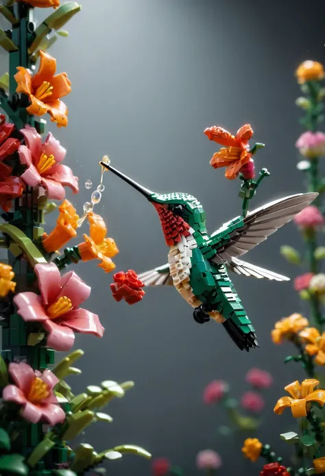 brickz Hummingbird sipping nectar from an ais-brickz flower, lego art, anime realism, best quality, masterpiece, 8k, Representative work, official art, Professional, Ultra intricate detailed